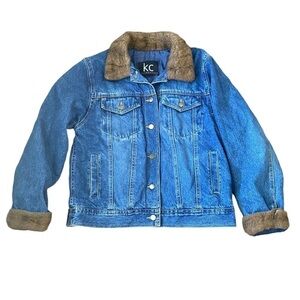 Vintage KC Collections Denim Trucker Jean Jacket Faux Fur Trim Size Medium